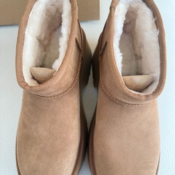 NIB UGG SUEDE CLASSIC ULTRA MINI NEW HEIGHTS BOOTS BOOTIE CHESTNUT 9 - Picture 4 of 8